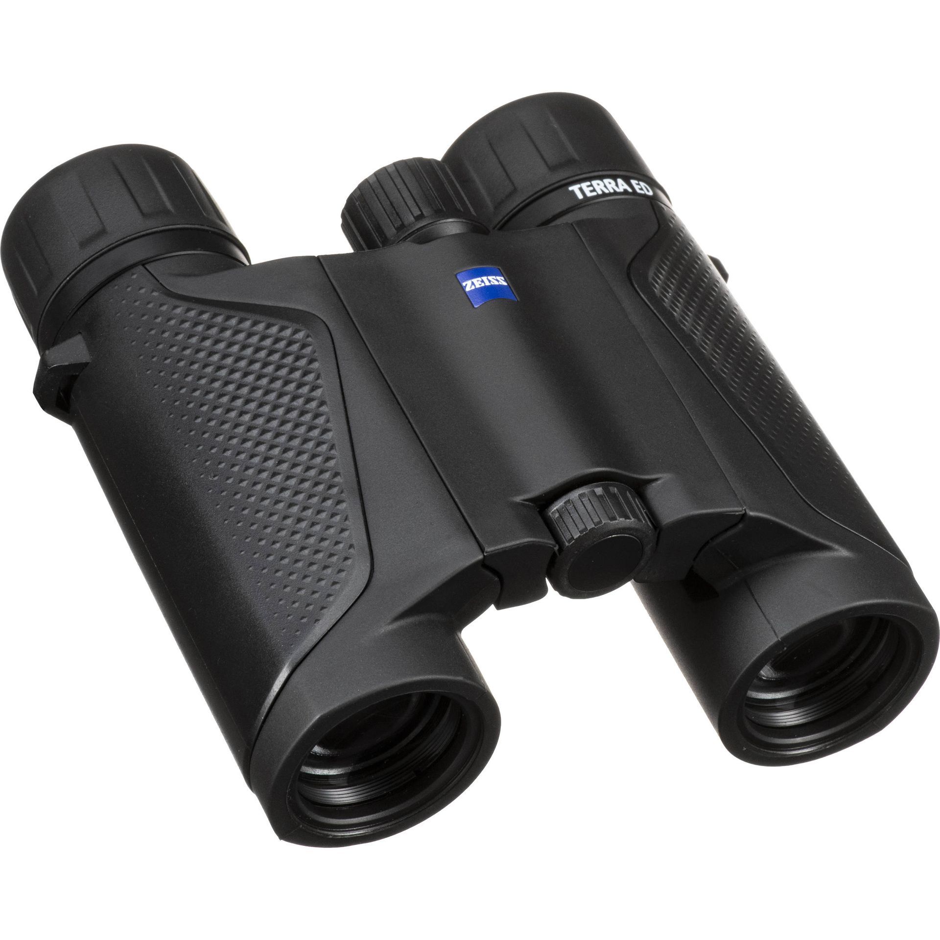 Black binoculars with textured grip and open eyepieces on a white background