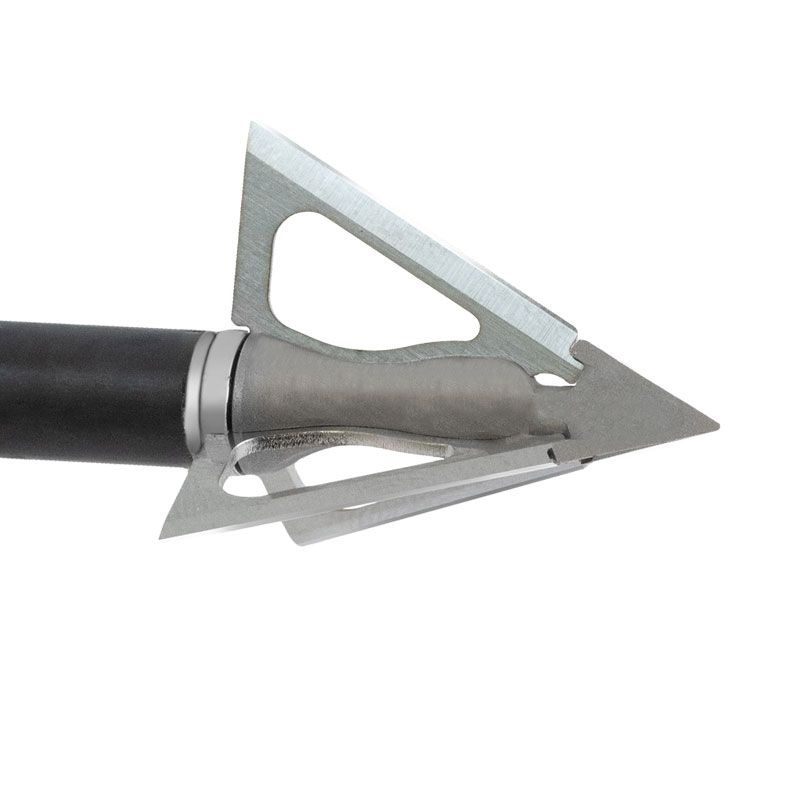 Black shaft with silver broadhead hunting arrow tip on white background