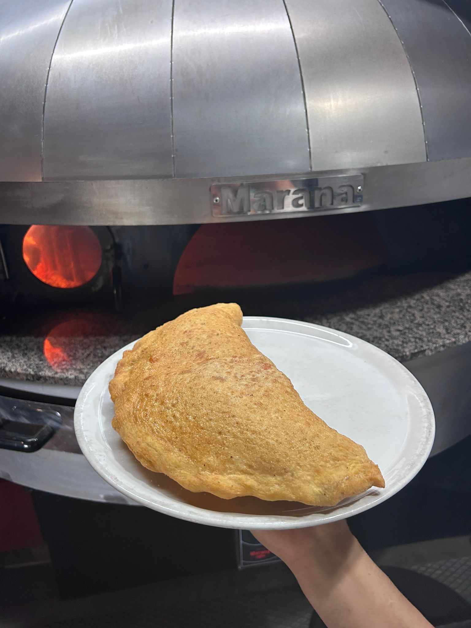 Persona che tiene in mano un piatto con un calzone dorato vicino a un forno per pizza.