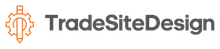 A logo for tradesitedesign with a pencil and gear on a gray background.