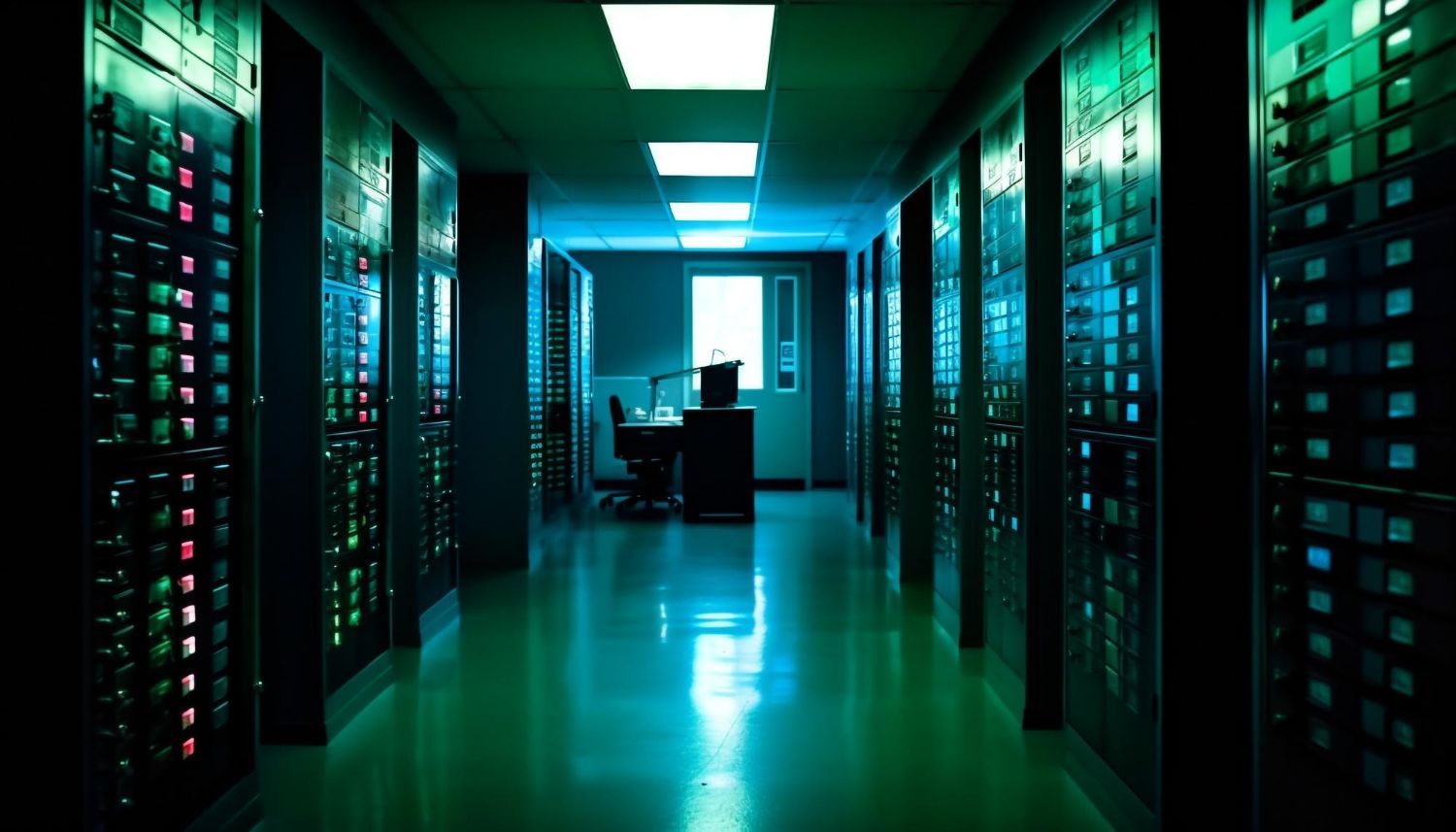 data-center-em-uma-sala-escura-e-luzes-ao-fundo-em-azul