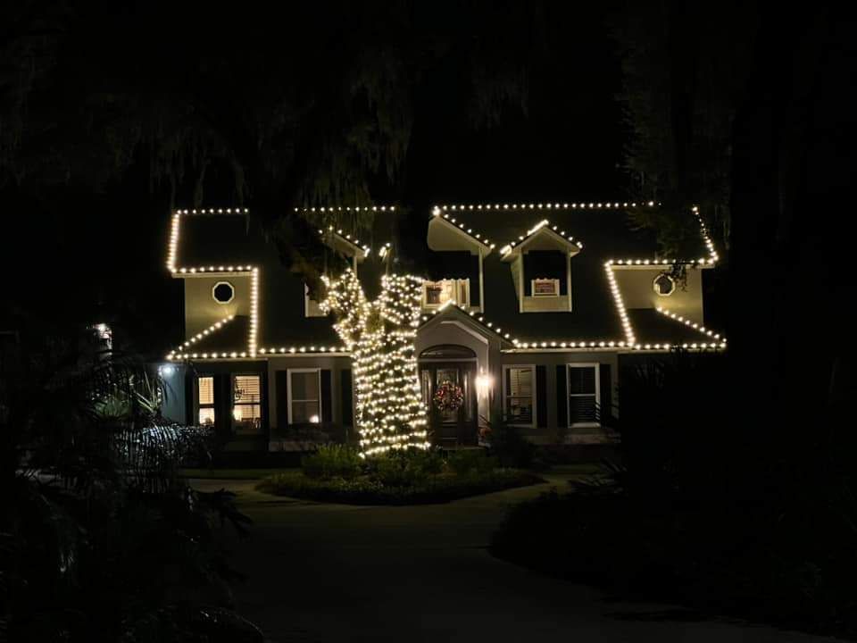 House at night with Christmas lights on roof and tree.