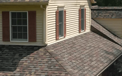 Suburban house roof with brown shingles and beige siding, featuring windows and red shutters
