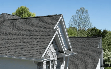 Gray-shingled house roof with dormer windows against a blue sky and trees