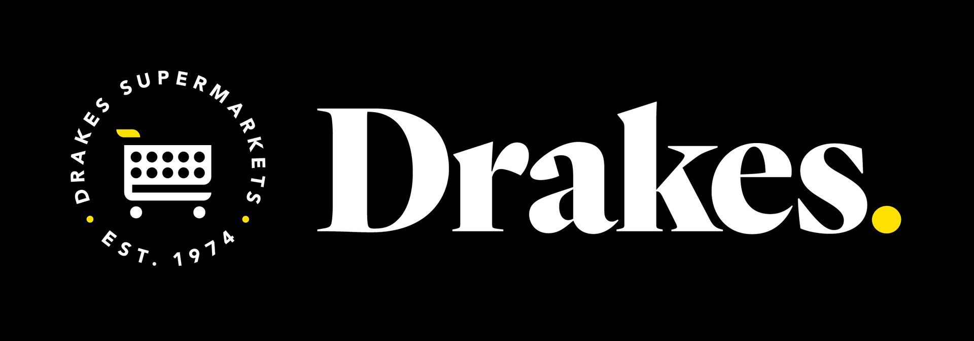 The Drakes Supermarkets logo with a shopping cart icon, established 1974, set against a black background.