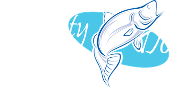 A line drawing of a jumping fish superimposed over a blue oval with partially visible text.