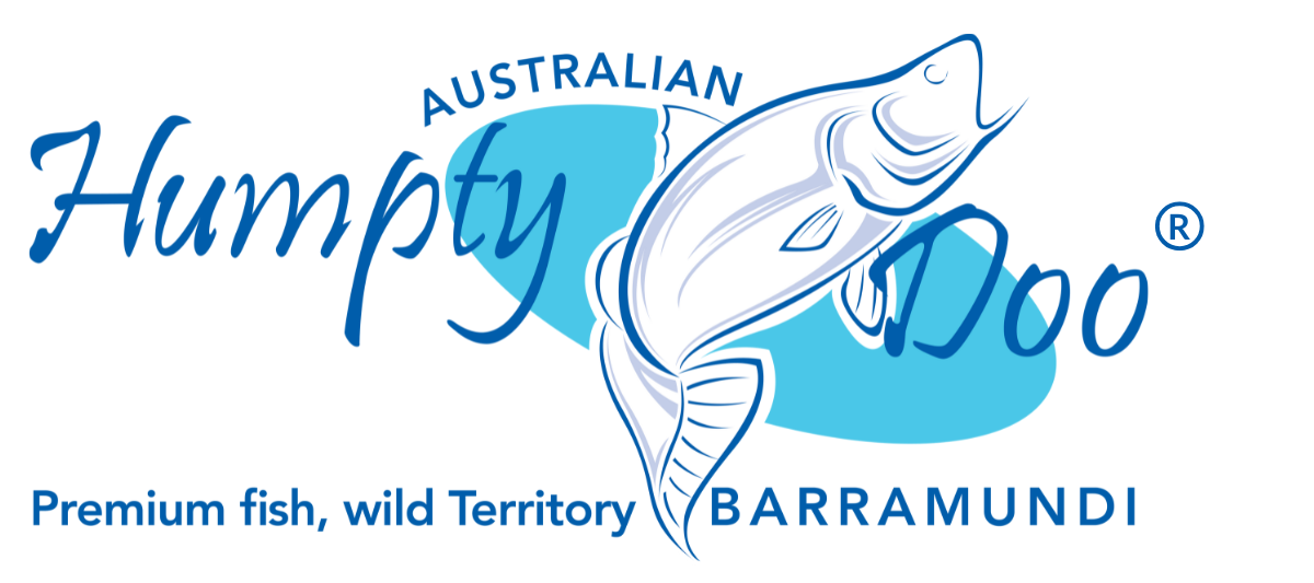 Logo for Humpty Doo Barramundi featuring a leaping fish silhouette and blue text on a white background.