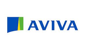Logo Aviva avec nom bleu et icône vert-bleu sur fond blanc