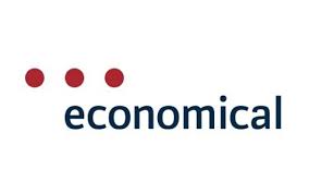 Logo économique avec trois points rouges au-dessus d'un texte bleu foncé sur fond blanc