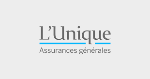 Logo « L'Unique Assurances générales » en gris avec des accents bleus sur fond blanc