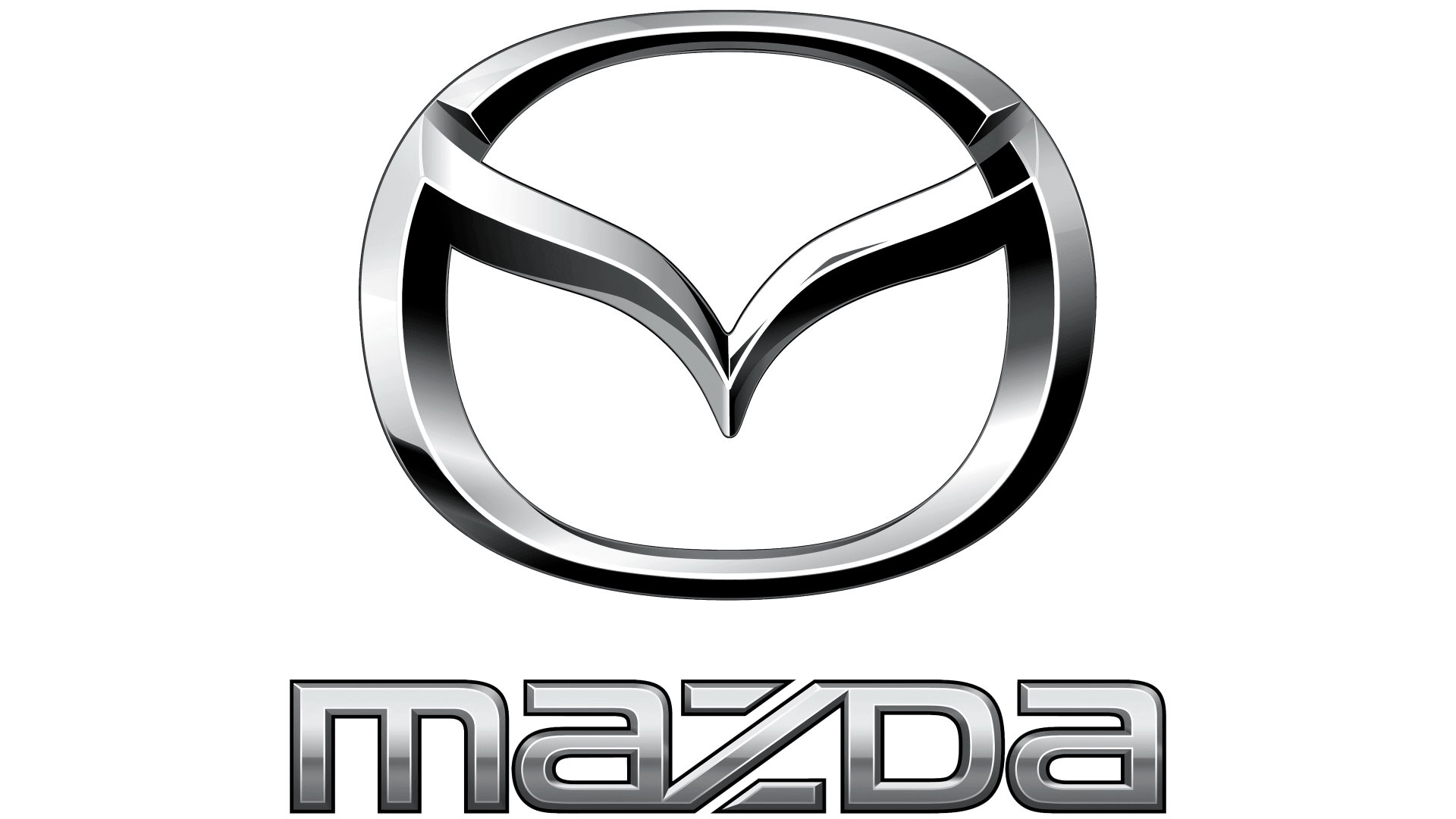 Logo Mazda argenté et noir avec emblème ailé stylisé et nom de marque