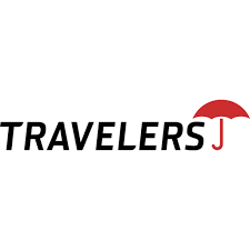 Logo de voyageurs avec texte noir et icône de parapluie rouge