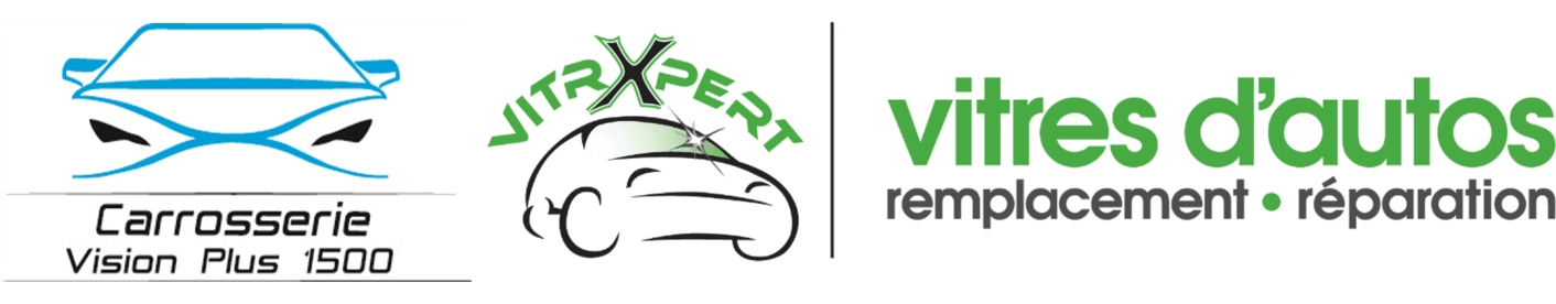 Logo pour le remplacement et la réparation de pare-brise, avec des icônes stylisées de pare-brise et du texte vert