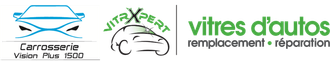 Logo pour le remplacement et la réparation de pare-brise, avec des icônes stylisées de pare-brise et du texte vert