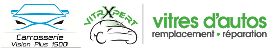 Logo pour le remplacement et la réparation de pare-brise, avec des icônes stylisées de pare-brise et du texte vert
