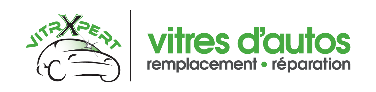 Logo pour VITREXPERT et « vites d'autos » avec contour de voiture vert et texte « remplacement + réparation ».