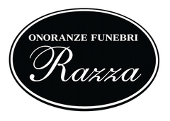 Oval black-and-white logo reading “ONORANZE FUNEBRI Razza” in elegant script