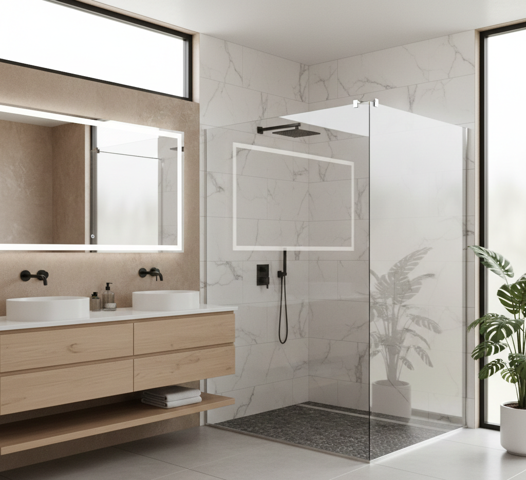 Bagno moderno con doccia in vetro, pareti in marmo, mobile lavabo in legno e ampia finestra.