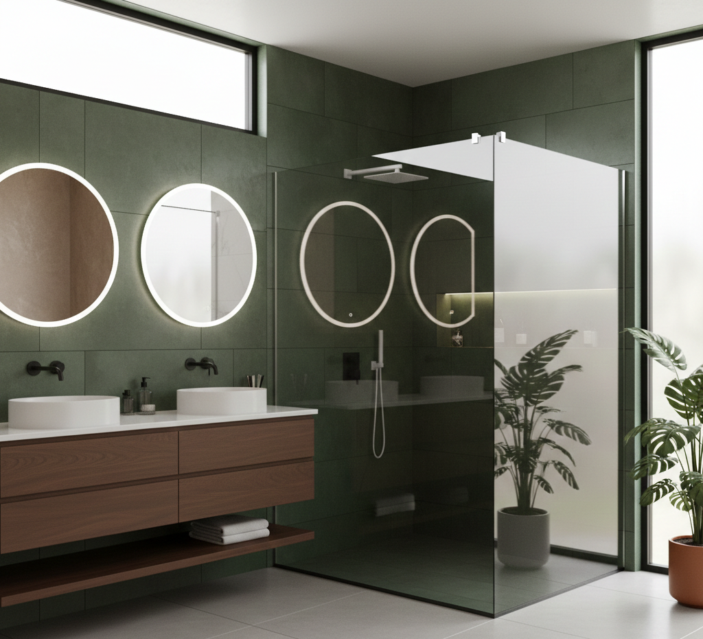 Bagno moderno con pareti piastrellate verdi, doppio lavabo con specchi rotondi e box doccia in vetro.