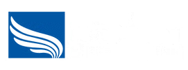 Blue square logo with white stylized wings.