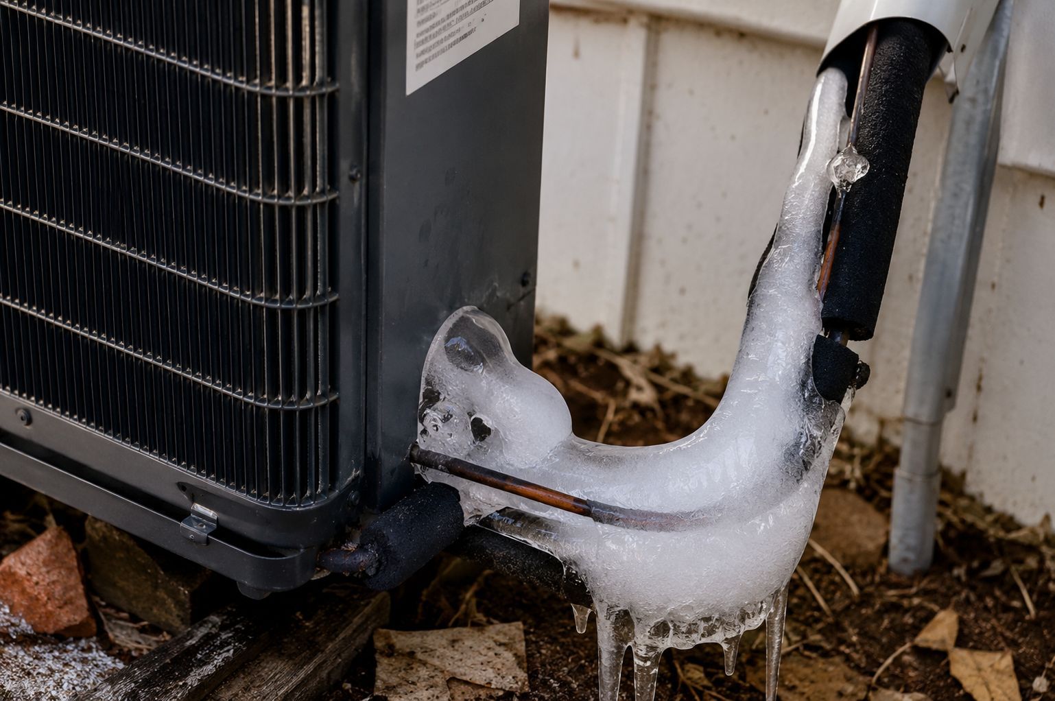 Frozen icicle hanging from a black outdoor air conditioner unit beside a house wall