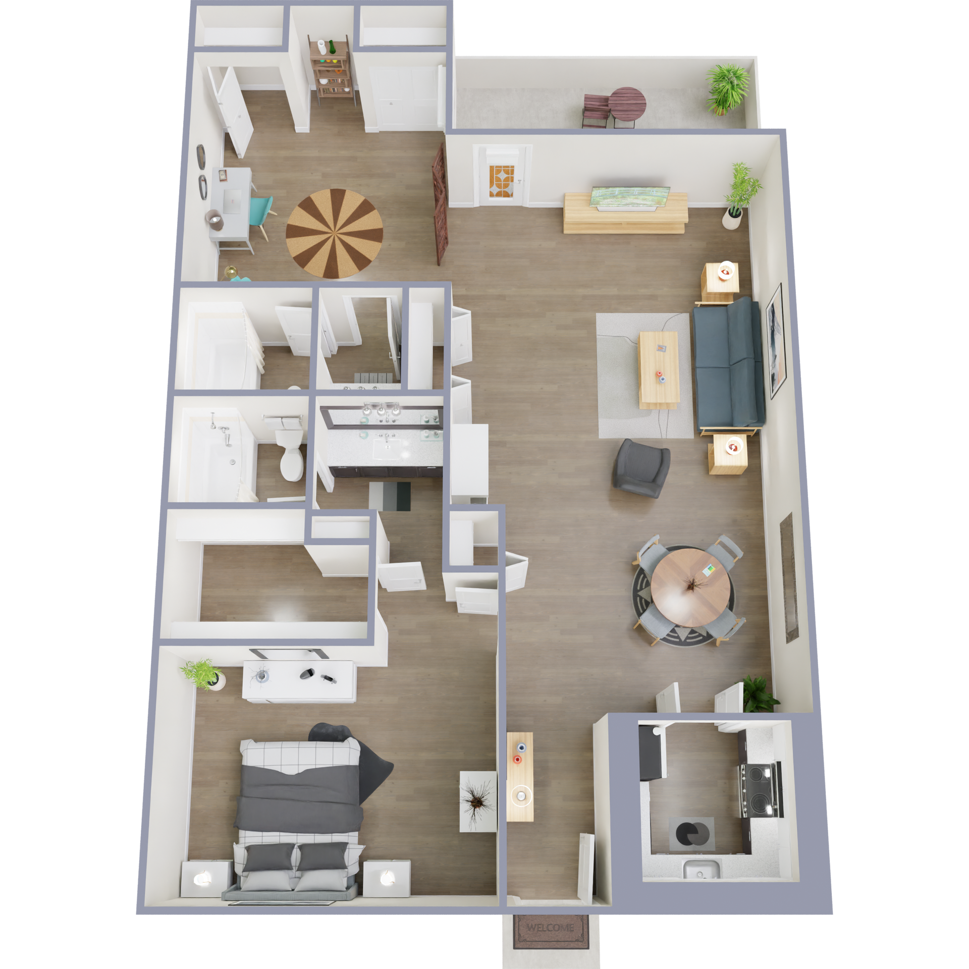 3D floor plan of an apartment with a bedroom, living room, kitchen, and balcony, furnished with modern decor.