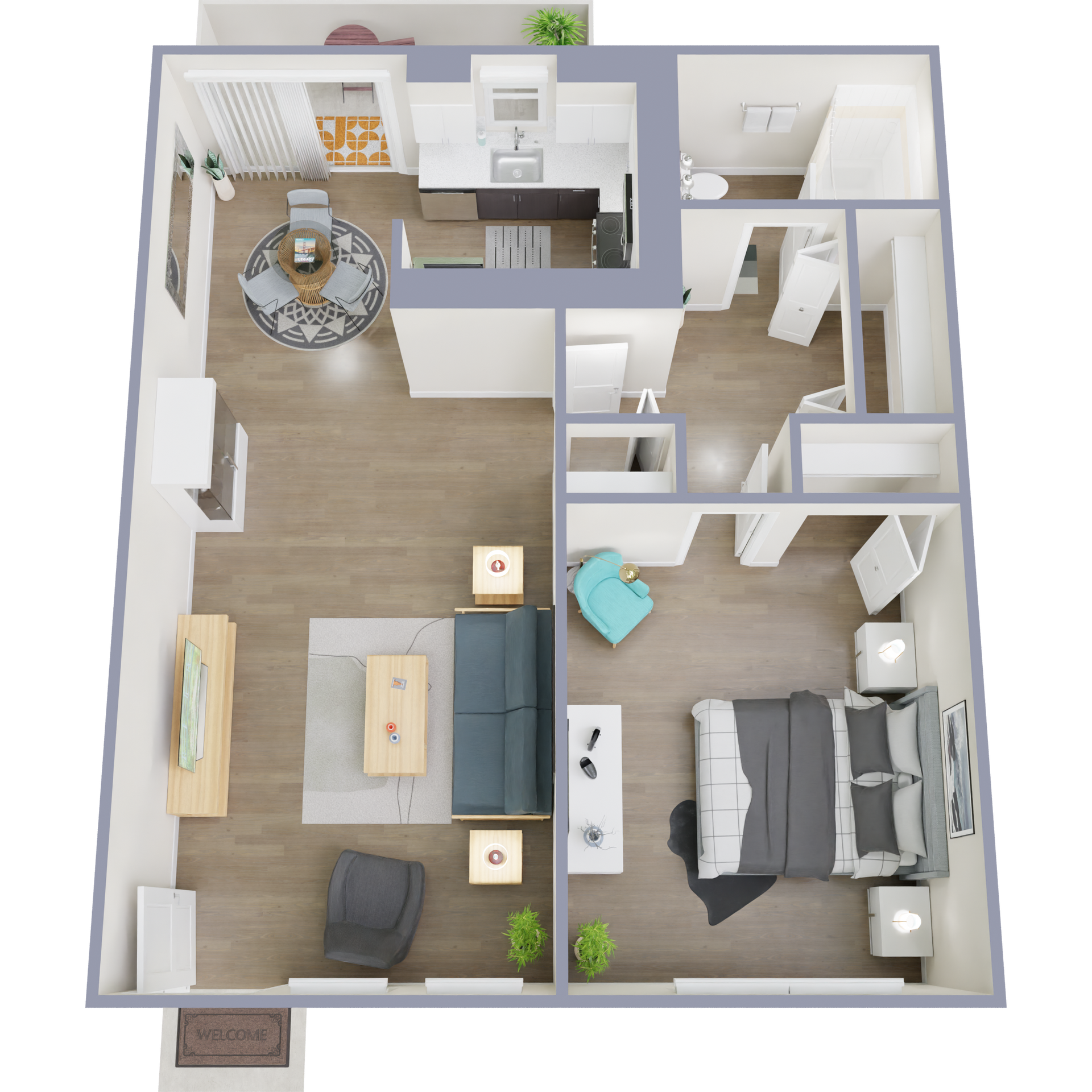 Floor plan of an apartment, showing the layout of rooms, furniture, and appliances.