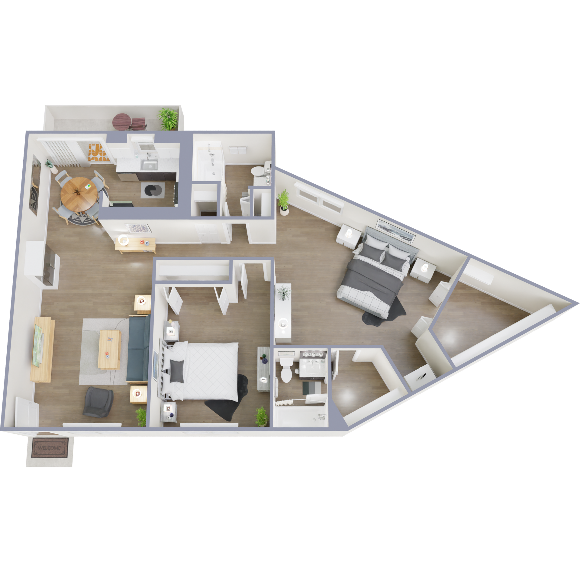 Floor plan of an apartment with two bedrooms, kitchen, dining area, and living room.