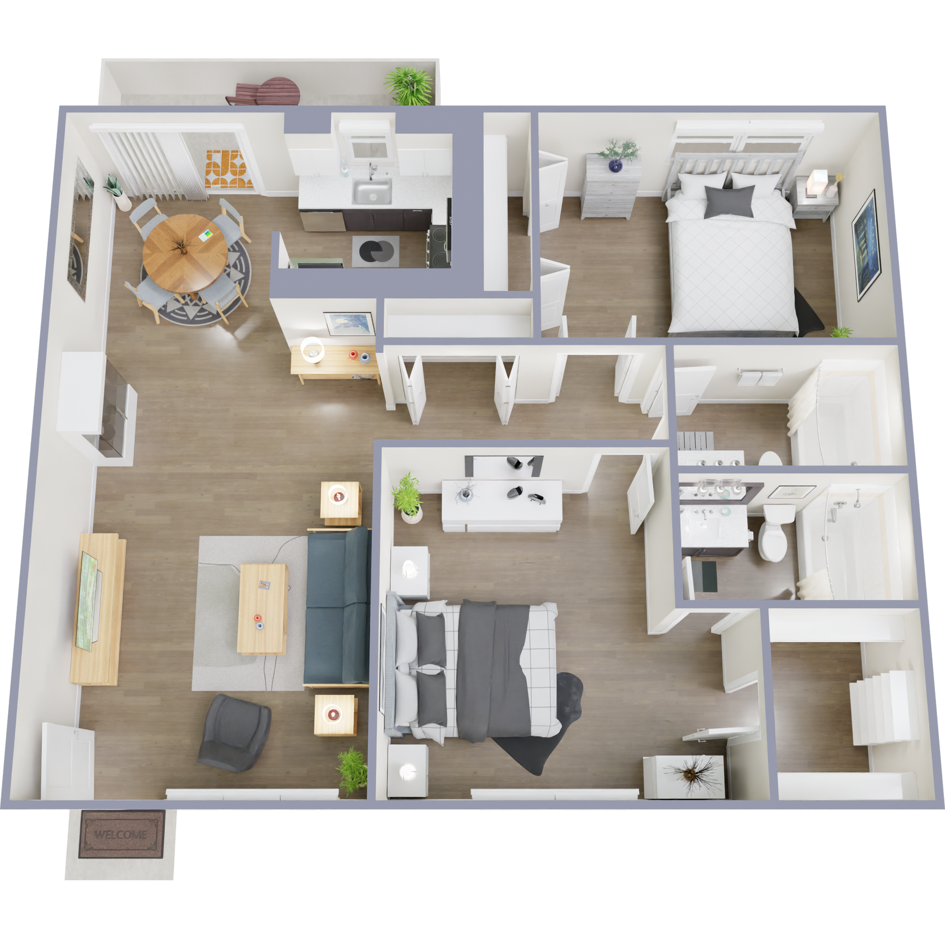 Floor plan of an apartment, showing rooms with furniture and fixtures. Gray, tan, white, and other neutral colors.