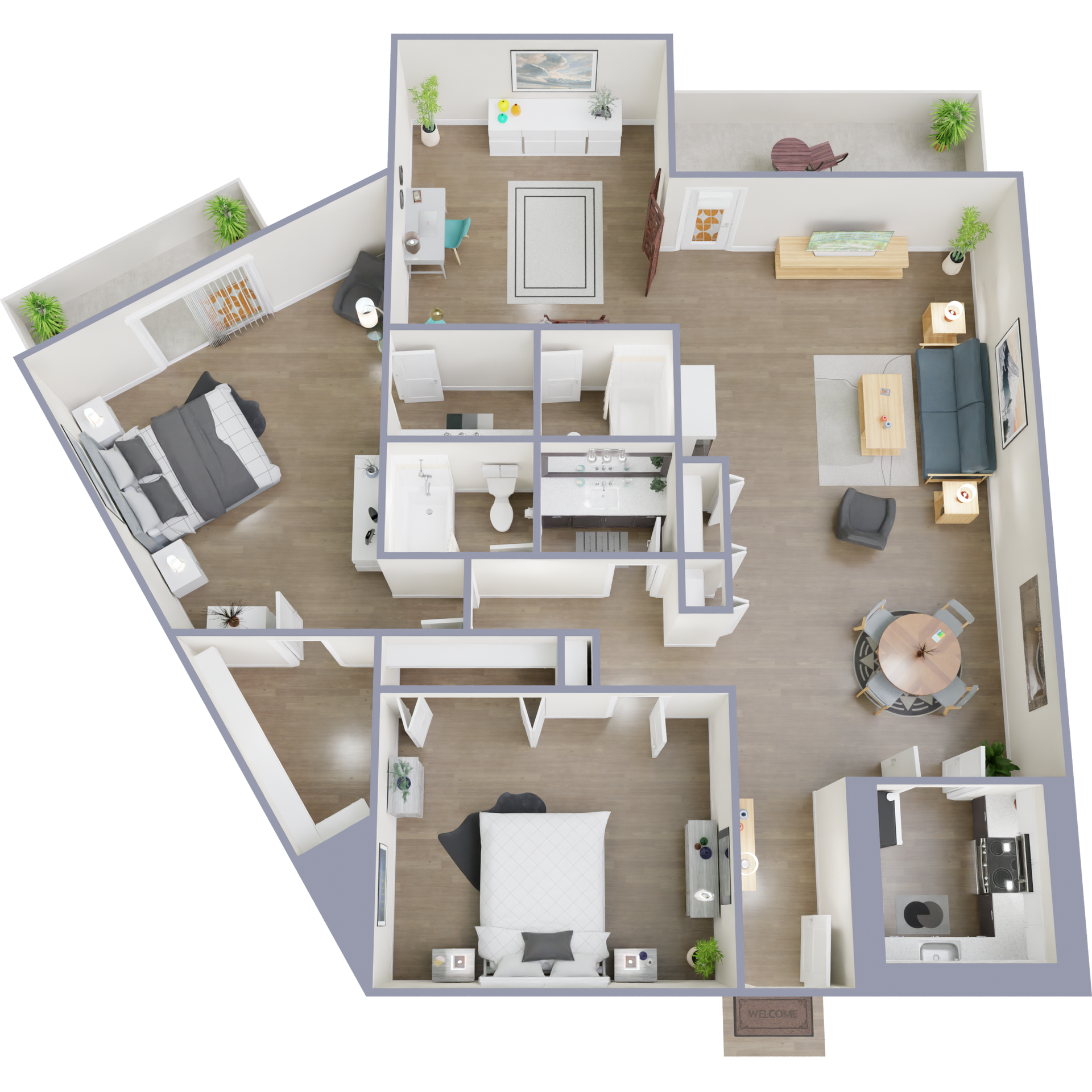 3D floor plan of an apartment with two bedrooms, living area, kitchen, and balcony. Furnished with furniture.