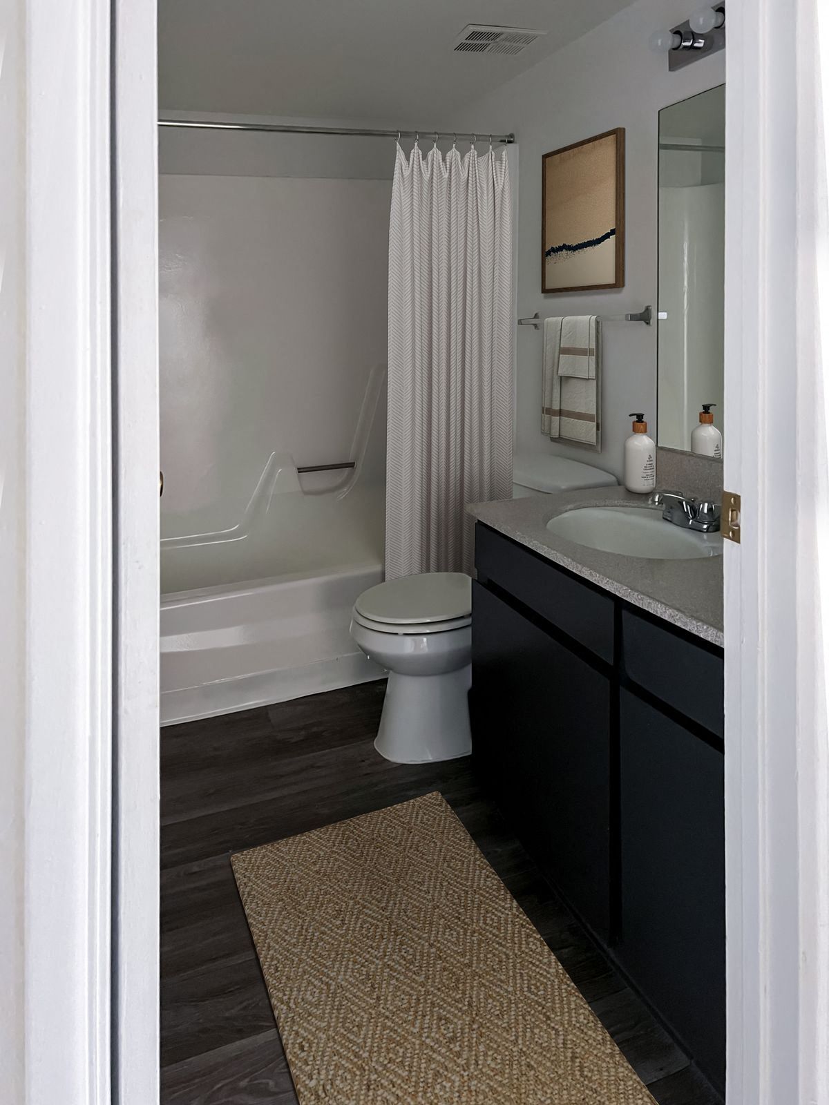 Bathroom with shower/tub, toilet, dark cabinets, rug, and artwork.