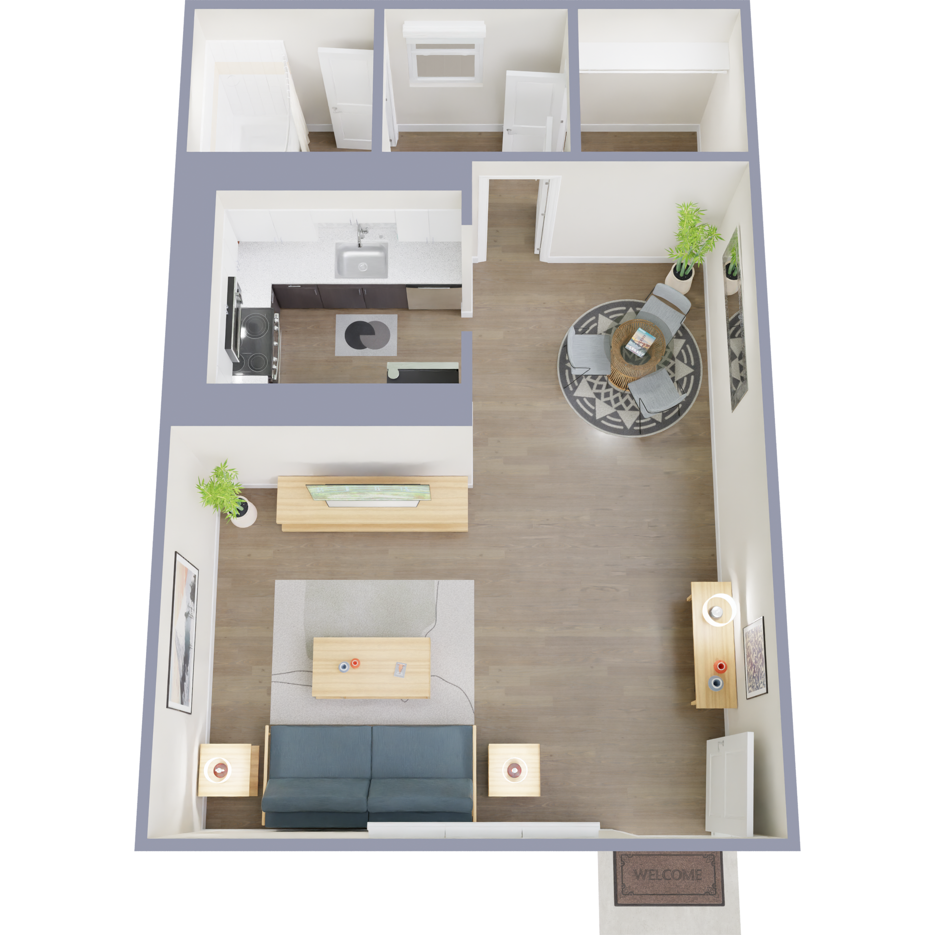 Floor plan of a studio apartment with kitchen, living area, and bathroom. Furnished with a sofa, bed, and chairs.