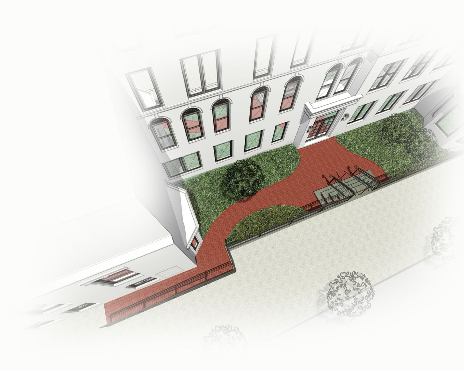 An aerial view of a building with a red brick walkway leading to it.