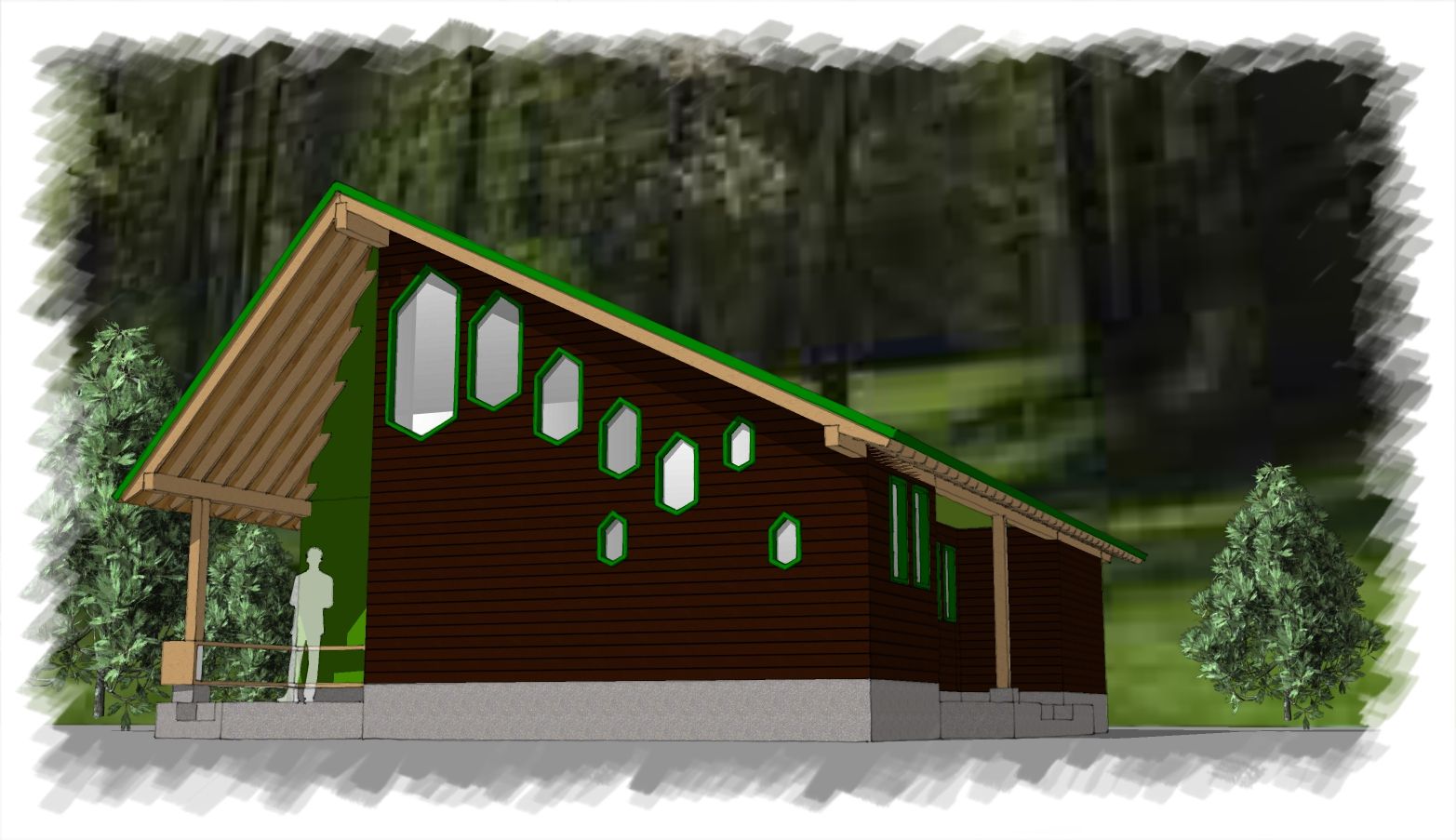 A drawing of a wooden house with a green roof in the middle of a forest.
