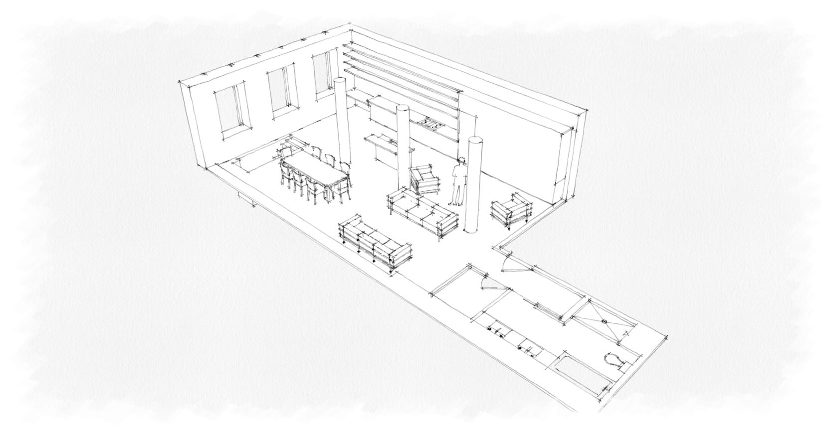 A black and white drawing of a room with a lot of furniture.