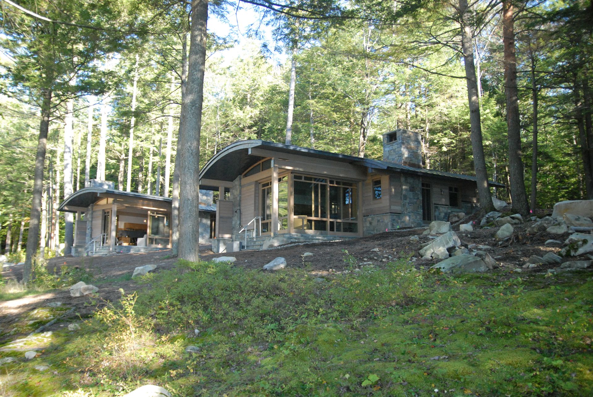 A house in the middle of a forest surrounded by trees