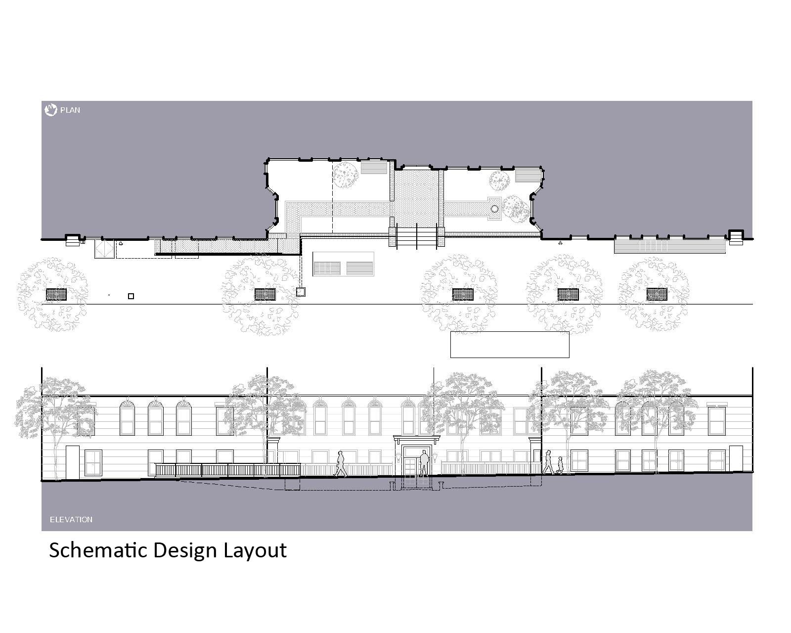 A black and white drawing of a building with the words schematic design layout below it