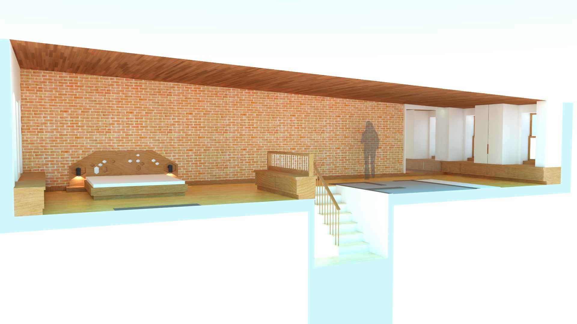 A 3d rendering of a bedroom with a bed and stairs