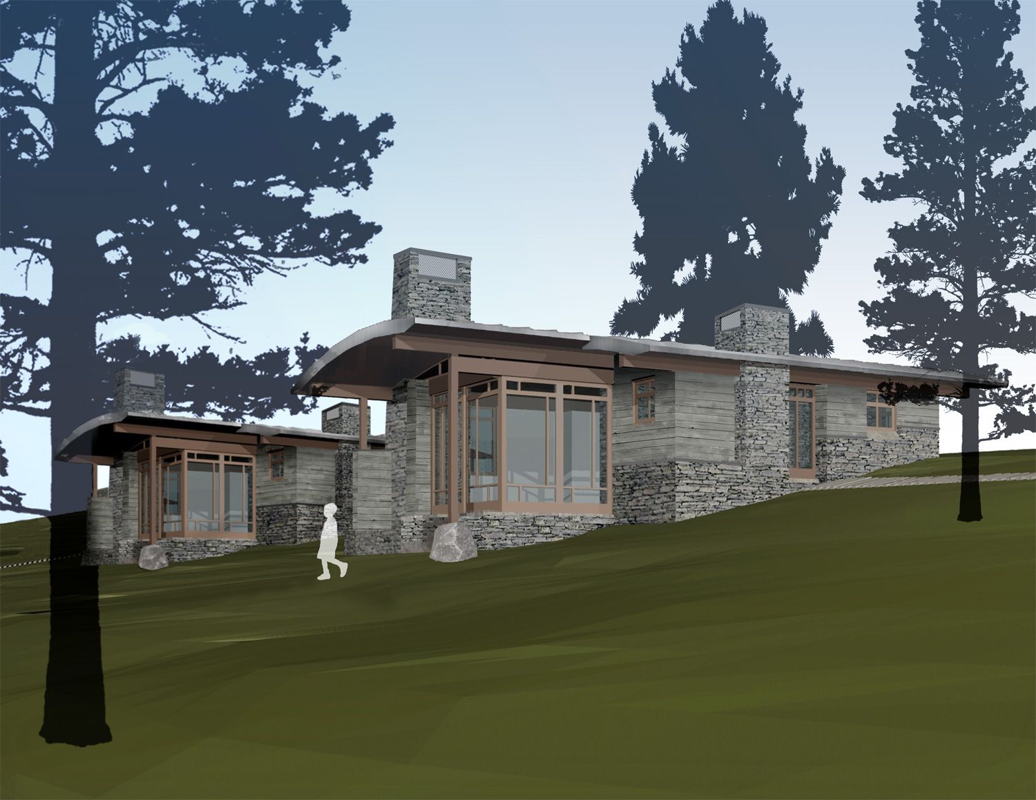 A drawing of a house on a hill with trees in the background