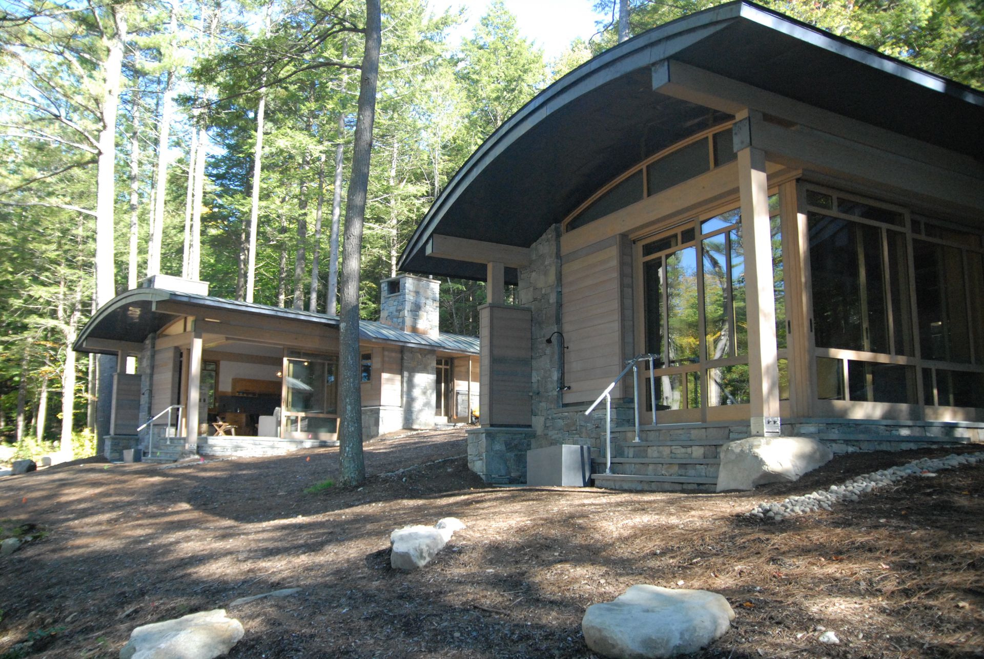 A house with a curved roof sits in the middle of a forest