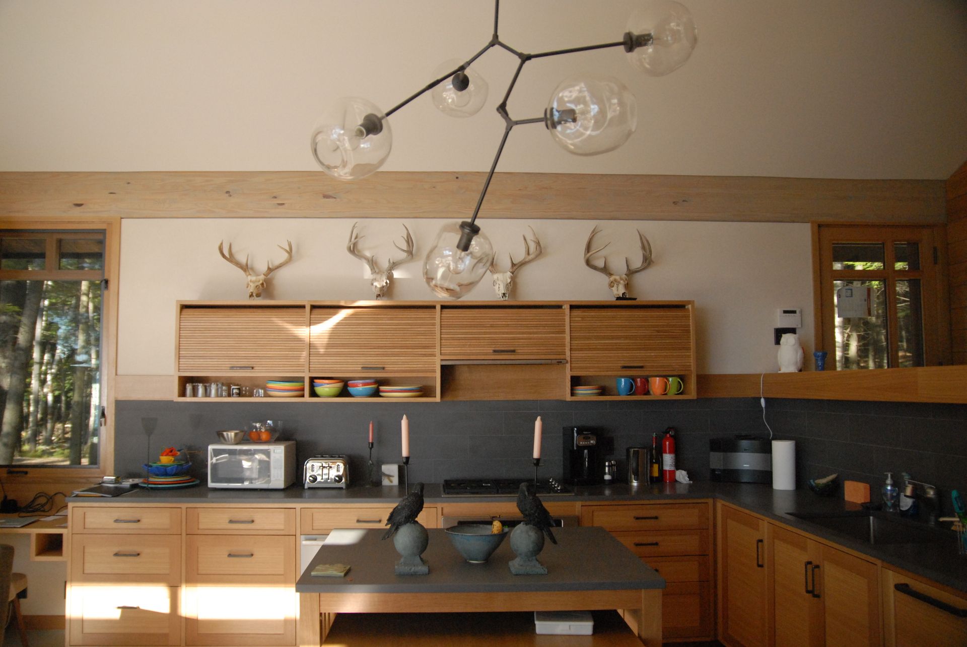 A kitchen with deer antlers on the wall above the counter