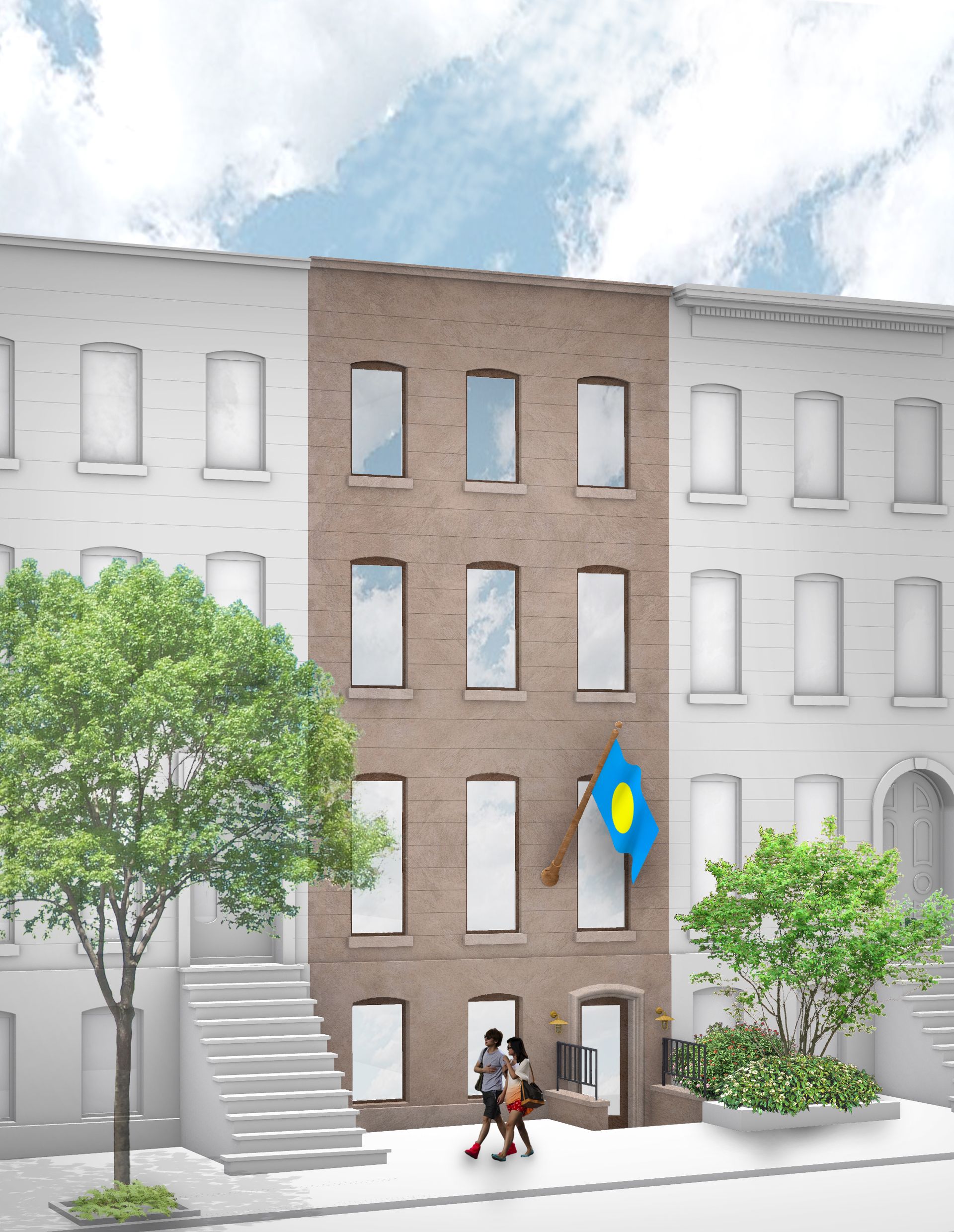 An artist 's impression of a building with a blue flag on the front