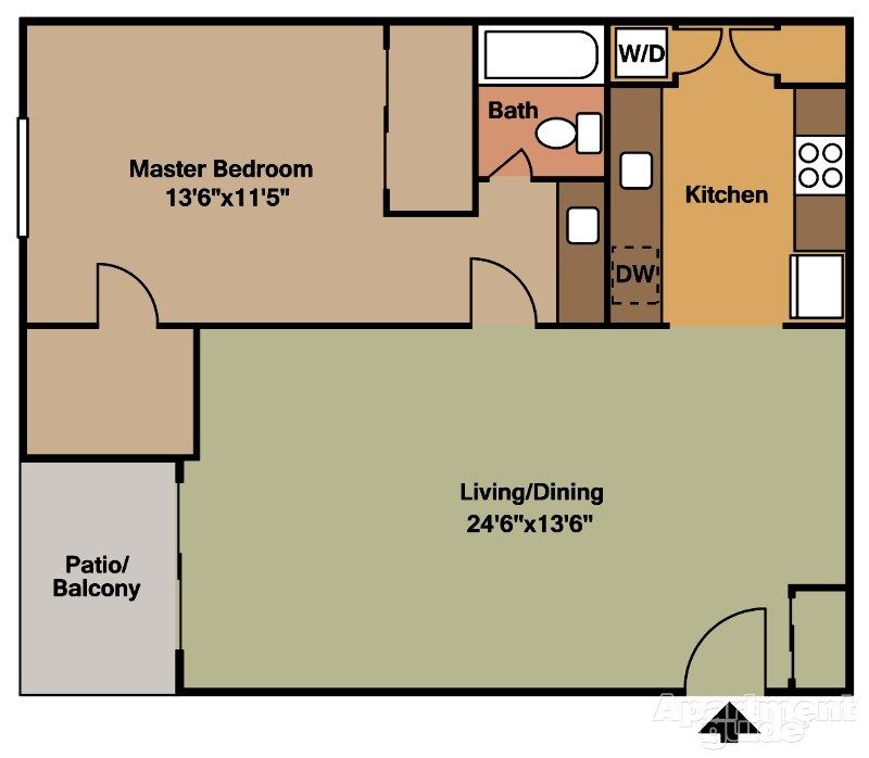 Apartment floor plan with master bedroom, bath, kitchen, living/dining area, and patio/balcony.