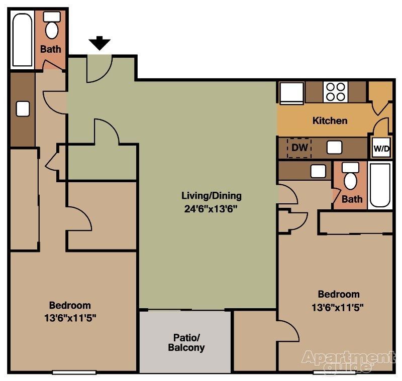 Apartment floor plan with living/dining room, kitchen, two bedrooms, two baths, and patio/balcony.