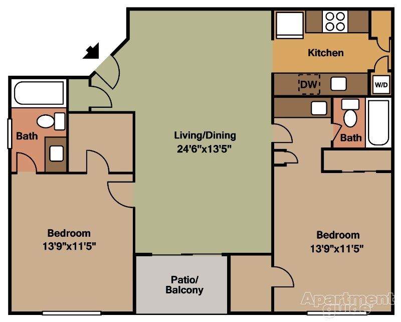 Apartment floor plan with two bedrooms, two baths, kitchen, and central living/dining area