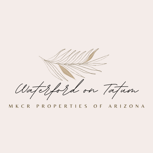 Waterford on Tatum logo with gold feather on pale pink background, MKCR Properties of Arizona