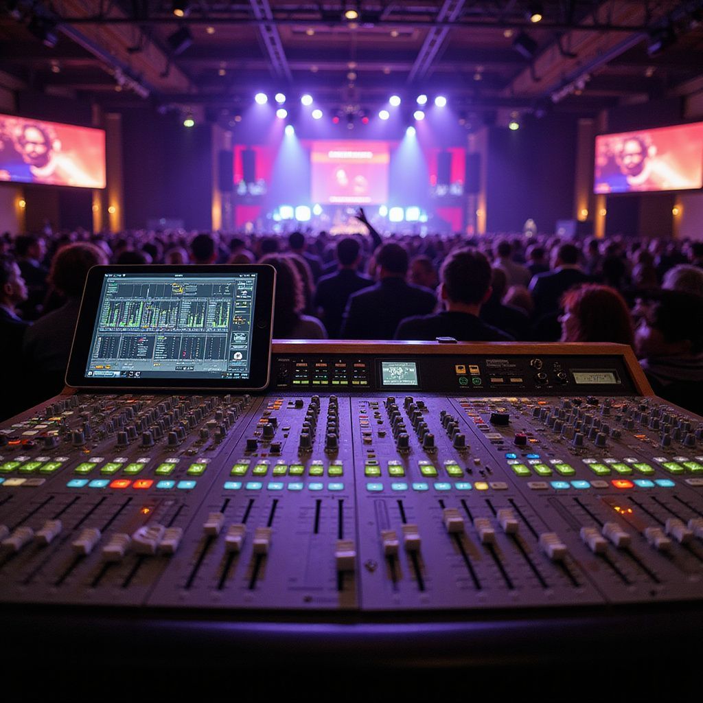 A professional audio mixing console in the foreground, facing a large crowd in a dimly lit, purple-hued event hall.
