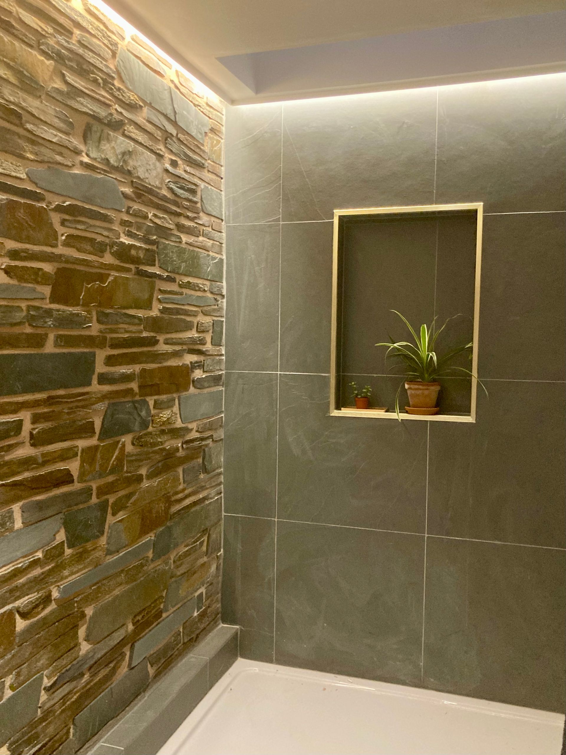 A bathroom with a stone wall and a shelf with a plant on it.