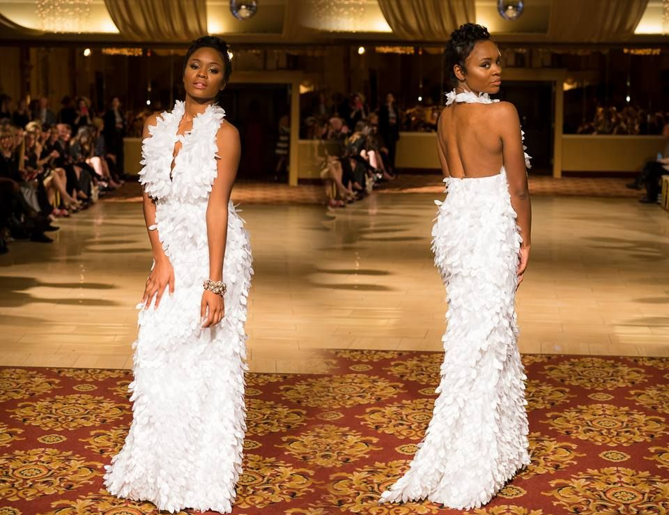 white feathery gown