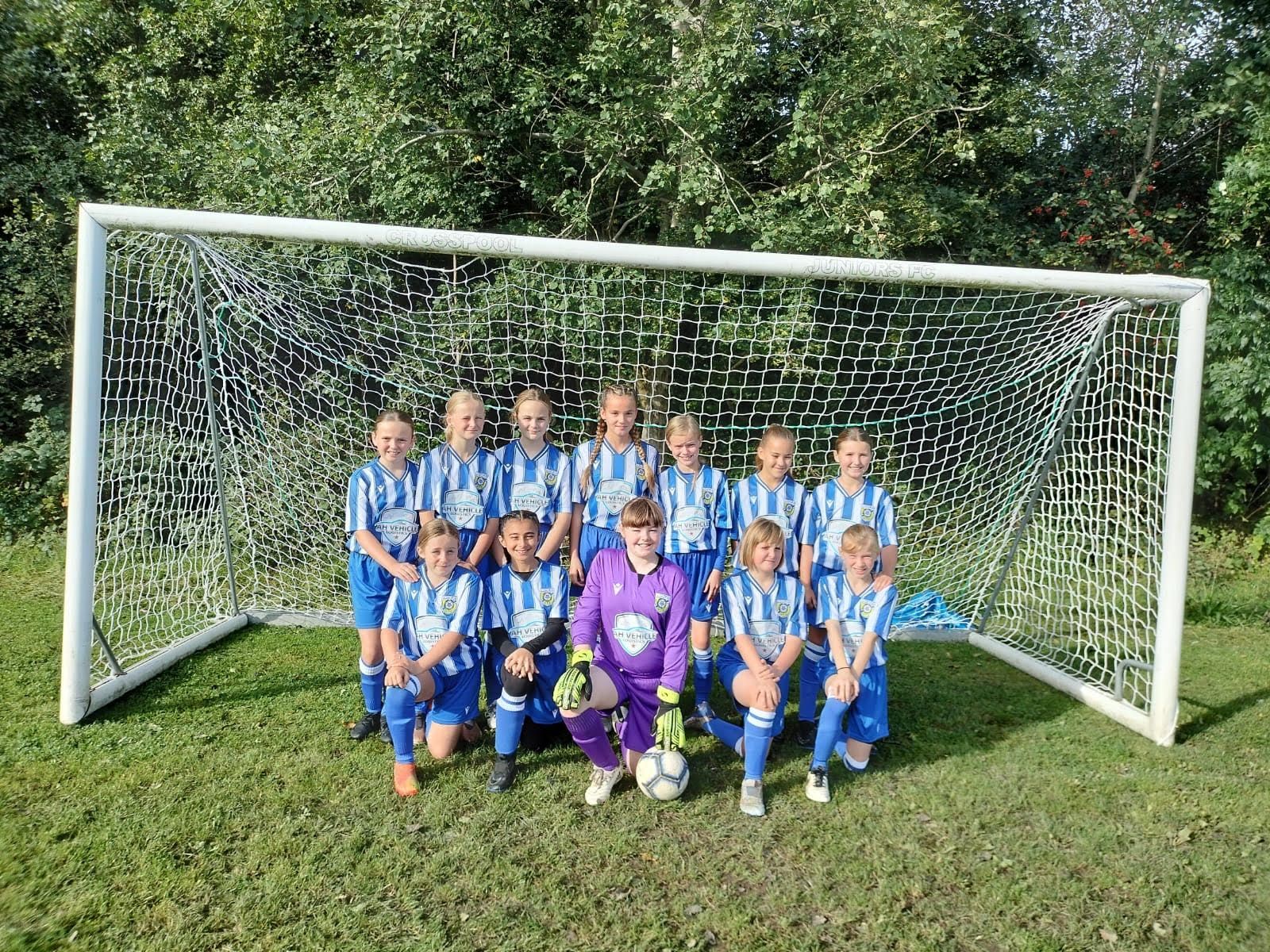 A group of children are posing for a picture in front of a soccer goal.